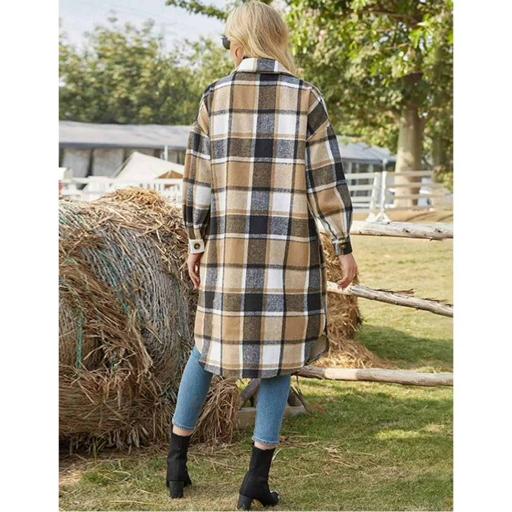 Women's Casual Plaid Long Shacket Shirt Jacket Button Front Oversized Lapel Coat